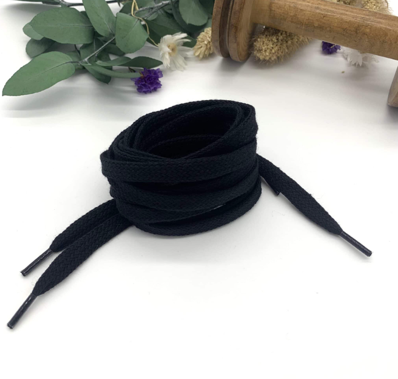 flat black laces with blue, white and red tips, made in France by SCF